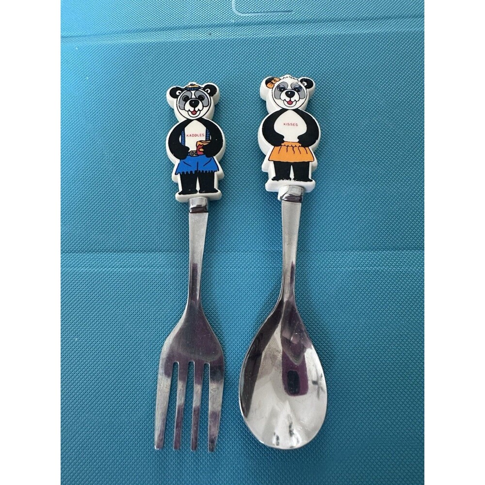 Vintage Kaddles & Kisses Panda Kids Spoon & Fork Set Stainless Taiwan Rare